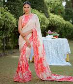 Red Printed Georgette Hand Embroidered Saree Set