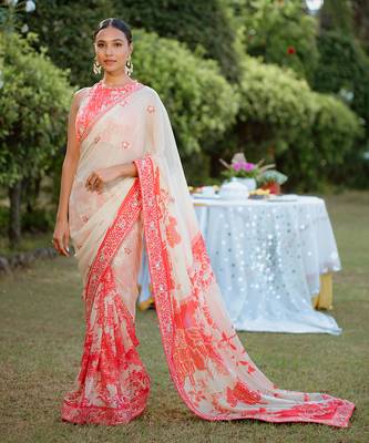 Red Printed Georgette Hand Embroidered Saree Set 2