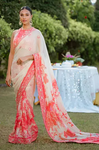 Red Printed Georgette Hand Embroidered Saree Set