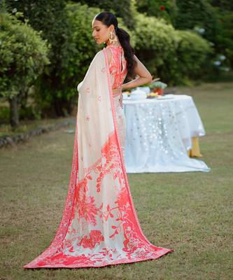 Red Printed Georgette Hand Embroidered Saree Set 3