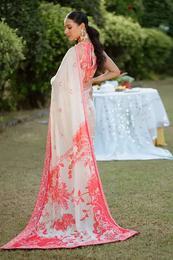 Red Printed Georgette Hand Embroidered Saree Set