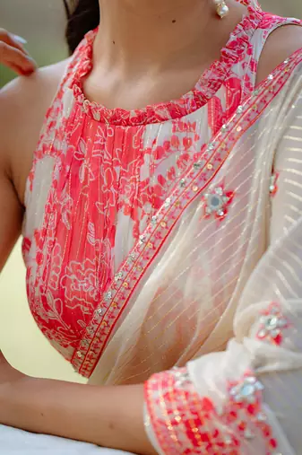 Red Printed Georgette Hand Embroidered Saree Set