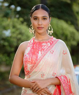 Red Printed Georgette Hand Embroidered Saree Set 5