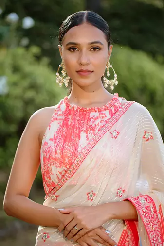 Red Printed Georgette Hand Embroidered Saree Set