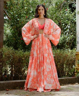 Red printed georgette hand embroidered lehenga jacket set 1