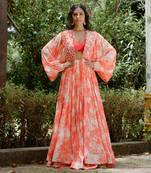 Red printed georgette hand embroidered lehenga jacket set