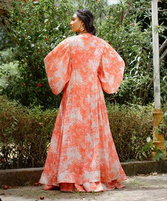 Red printed georgette hand embroidered lehenga jacket set 2