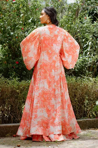 Red printed georgette hand embroidered lehenga jacket set