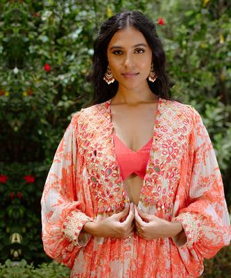 Red printed georgette hand embroidered lehenga jacket set 3