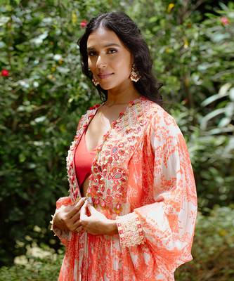 Red printed georgette hand embroidered lehenga jacket set 4