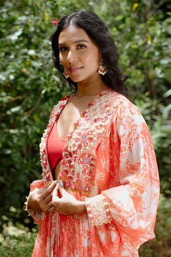 Red printed georgette hand embroidered lehenga jacket set