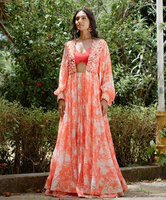 Red printed georgette hand embroidered lehenga jacket set 5