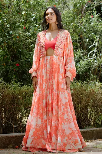 Red printed georgette hand embroidered lehenga jacket set