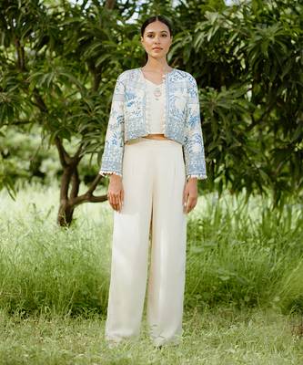 Denim blue printed hand embroidered silk jacket set 1