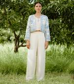 Denim blue printed hand embroidered silk jacket set