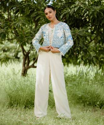 Denim blue printed hand embroidered silk jacket set 2
