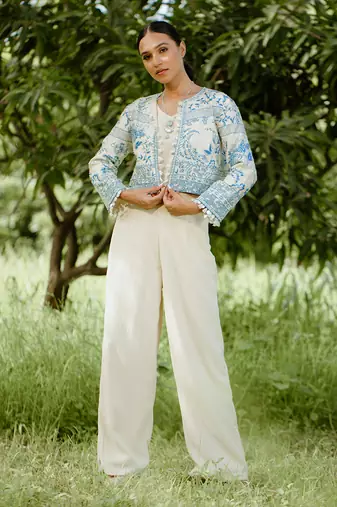 Denim blue printed hand embroidered silk jacket set