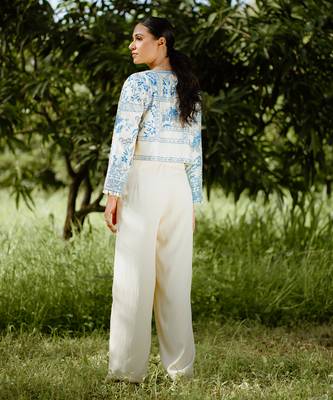 Denim blue printed hand embroidered silk jacket set 3