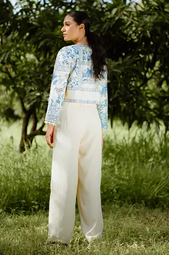 Denim blue printed hand embroidered silk jacket set
