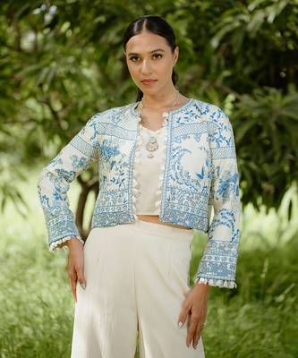 Denim blue printed hand embroidered silk jacket set 4