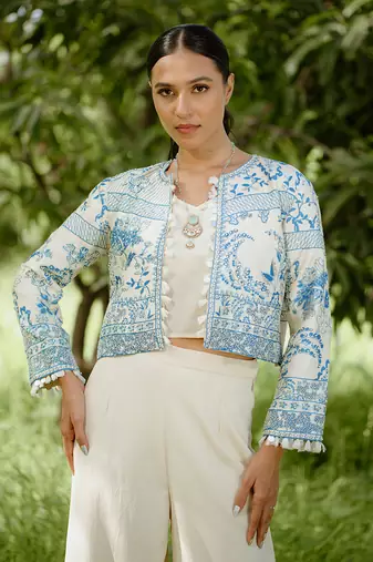 Denim blue printed hand embroidered silk jacket set