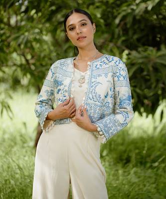 Denim blue printed hand embroidered silk jacket set 5