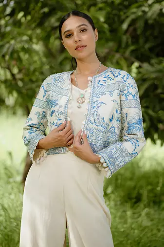 Denim blue printed hand embroidered silk jacket set