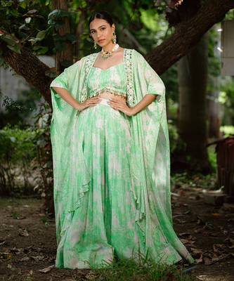 Green printed georgette hand embroidered jacket set 1