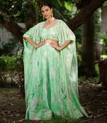 Green printed georgette hand embroidered jacket set