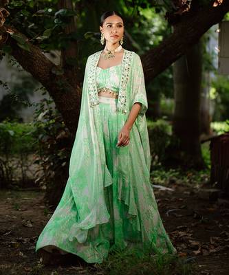 Green printed georgette hand embroidered jacket set 2