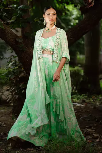 Green printed georgette hand embroidered jacket set