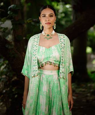 Green printed georgette hand embroidered jacket set 3