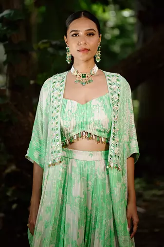 Green printed georgette hand embroidered jacket set