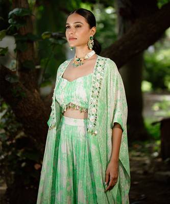 Green printed georgette hand embroidered jacket set 4