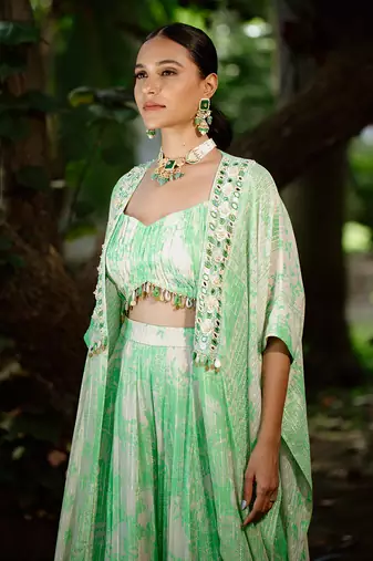 Green printed georgette hand embroidered jacket set