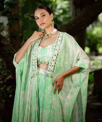 Green printed georgette hand embroidered jacket set 5
