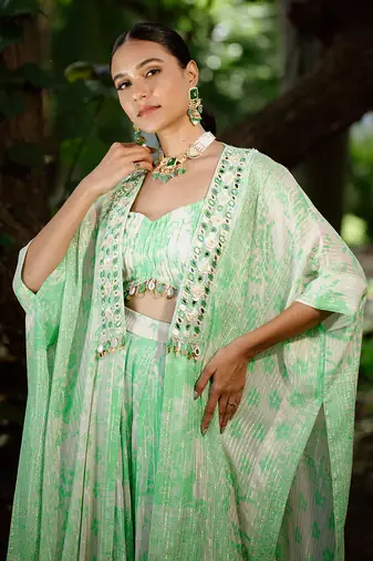 Green printed georgette hand embroidered jacket set