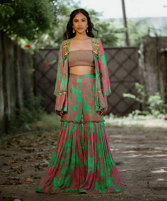 Green printed georgette sharara set 1