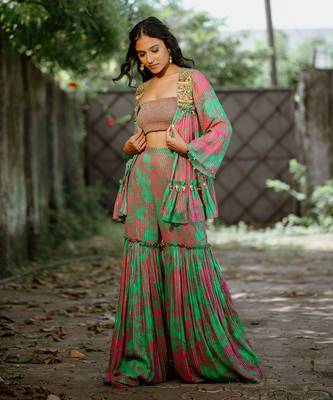 Green printed georgette sharara set 2
