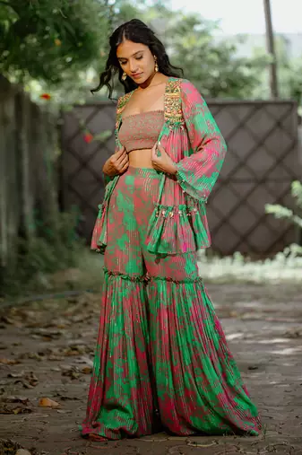 Green printed georgette sharara set