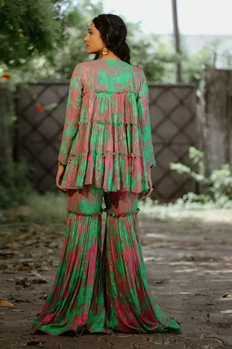 Green printed georgette sharara set