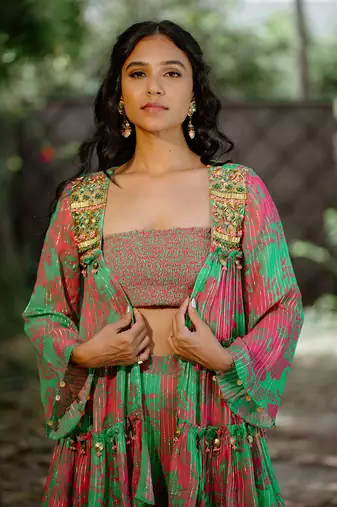 Green printed georgette sharara set