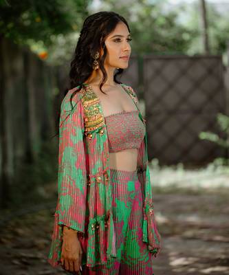 Green printed georgette sharara set 5