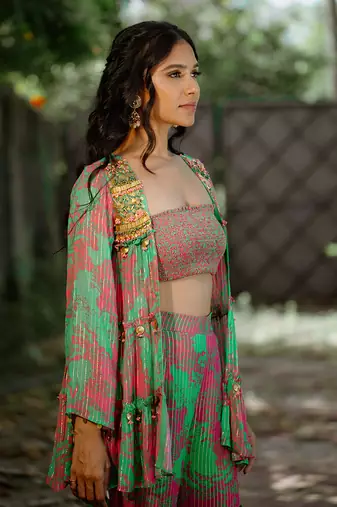 Green printed georgette sharara set