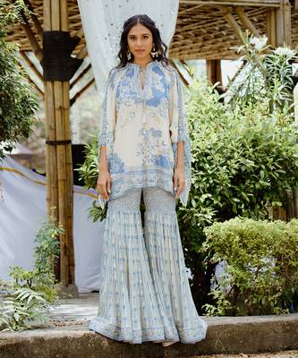 Denim blue printed georgette sharara set 1
