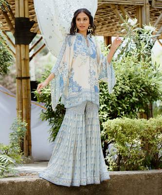 Denim blue printed georgette sharara set 3