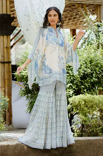 Denim blue printed georgette sharara set