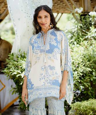 Denim blue printed georgette sharara set 4