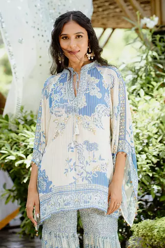 Denim blue printed georgette sharara set