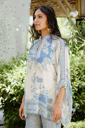 Denim blue printed georgette sharara set